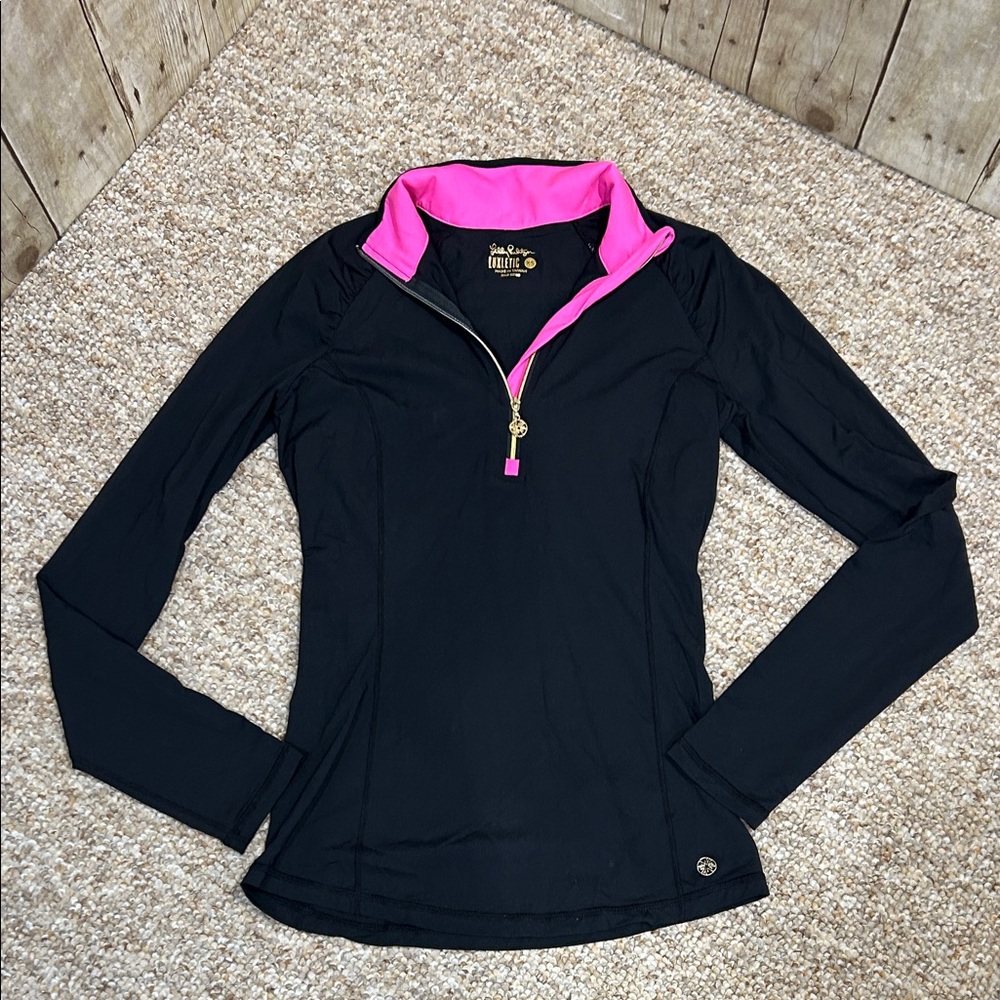 Lilly Pulitzer Black Long Sleeve Half-Zip Top with Hot Pink Trim